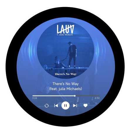 Waveshare 28514 1.85-inch round touch display showing the manufacturer’s blue music-player demonstration