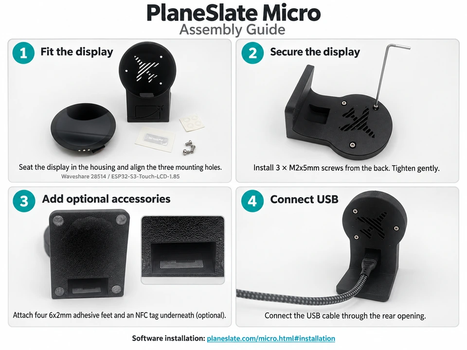 Four-step Micro housing guide: fit display, secure with three screws, add optional feet and NFC tag, connect USB