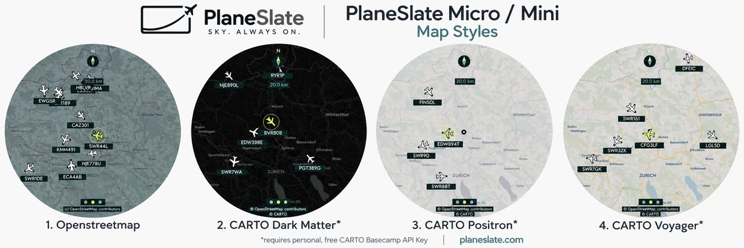 OpenStreetMap, CARTO Dark Matter, CARTO Positron and CARTO Voyager map examples side by side
